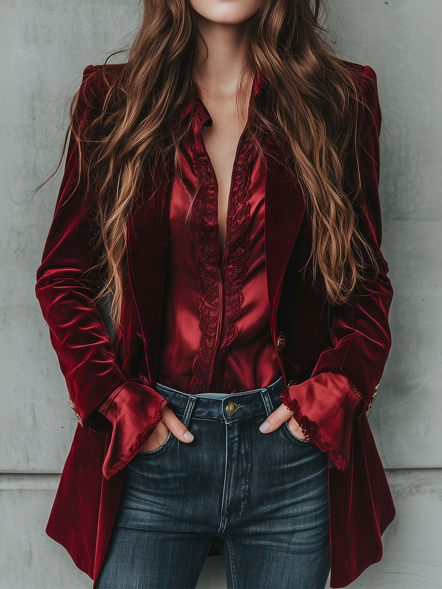 Vintage Longline Burgundy Velvet Blazer