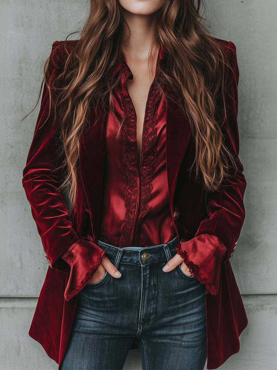 Vintage Longline Burgundy Velvet Blazer