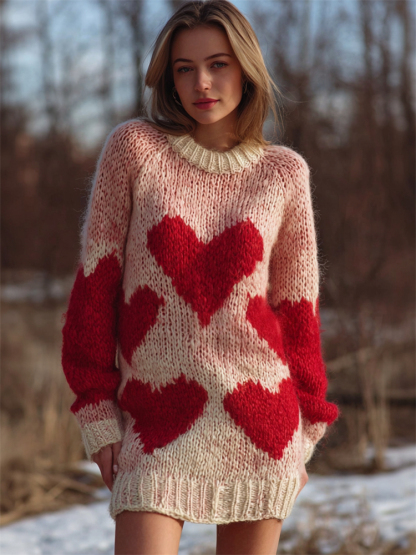 Vintage Valentine's Day Hearts Gradient Cozy Knit Sweater Dress