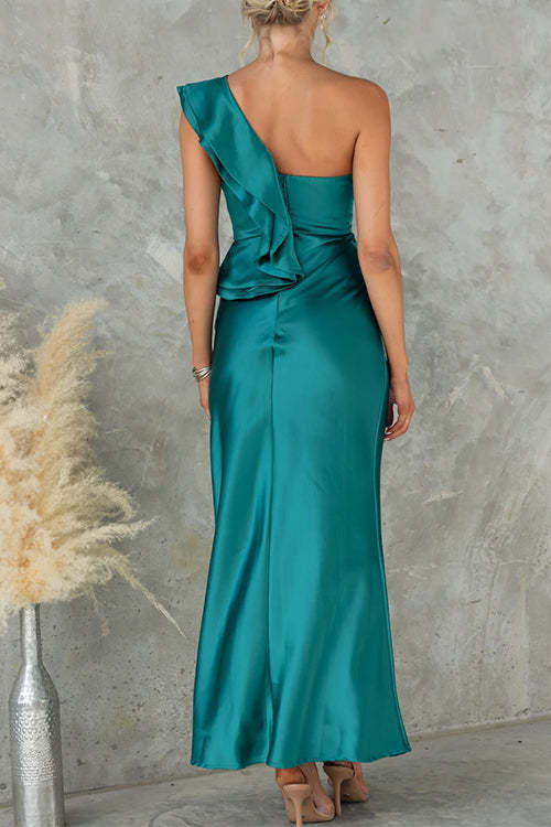 Ruffle One Shoulder Sleeveless Maxi Satin Dress