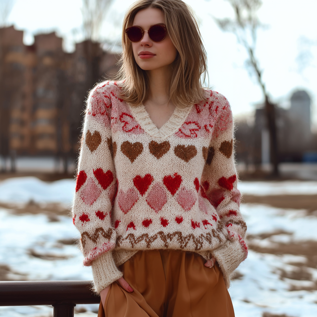 Valentine's Day Love Heart Pattern Women's V-neck Sweater