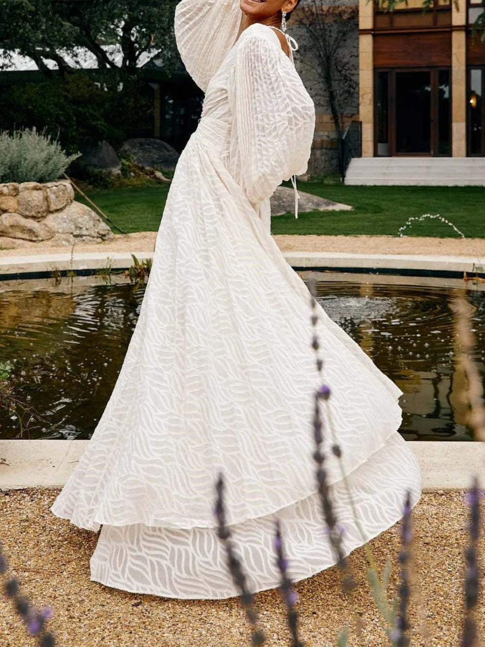 Lantern Long Sleeve V Neck Maxi Dress