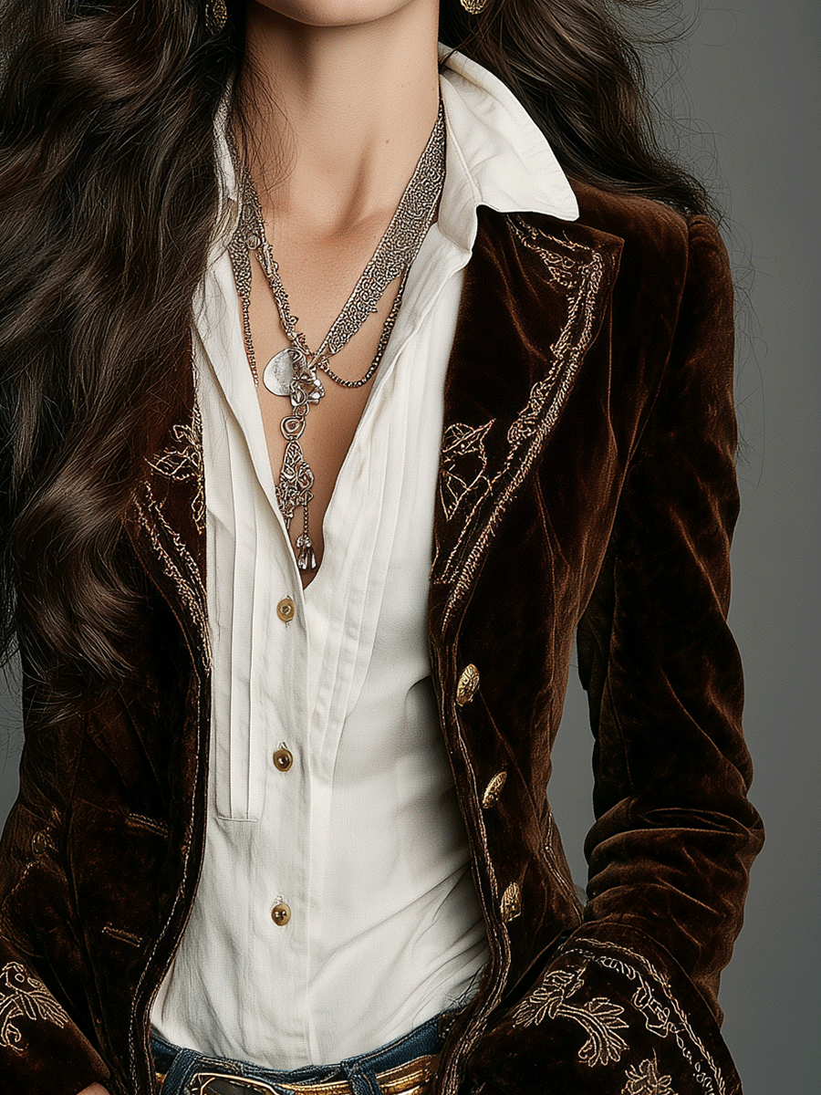 Boho Chocolate Velvet Embroidered Blazer