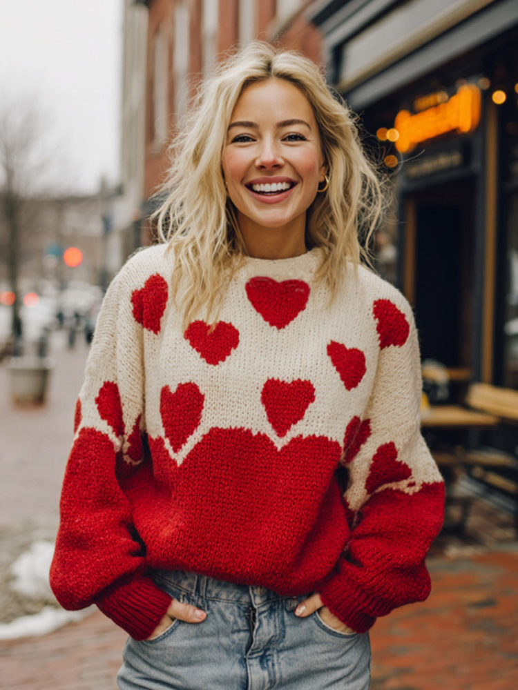 Women's Valentine's Day Heart Pattern Color Block Comfortable Knit Sweater