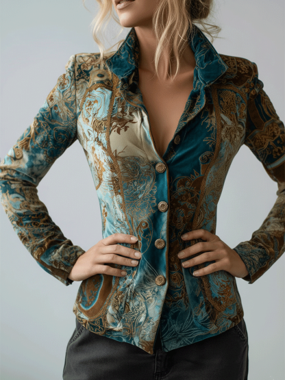 Vintage Baroque Velvet Teal And Gold Tapestry Print Jacket