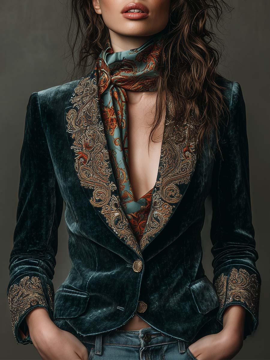 Velvet Blazer With Intricate Embroidered Lapels