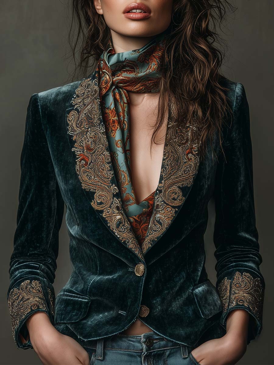 Velvet Blazer With Intricate Embroidered Lapels