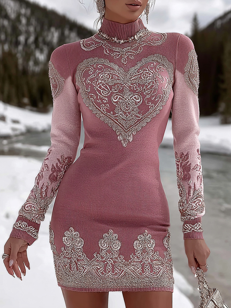 Women's Valentine's Day Hearts With Celtic Knot Art Cozy Knit Turtleneck Dress