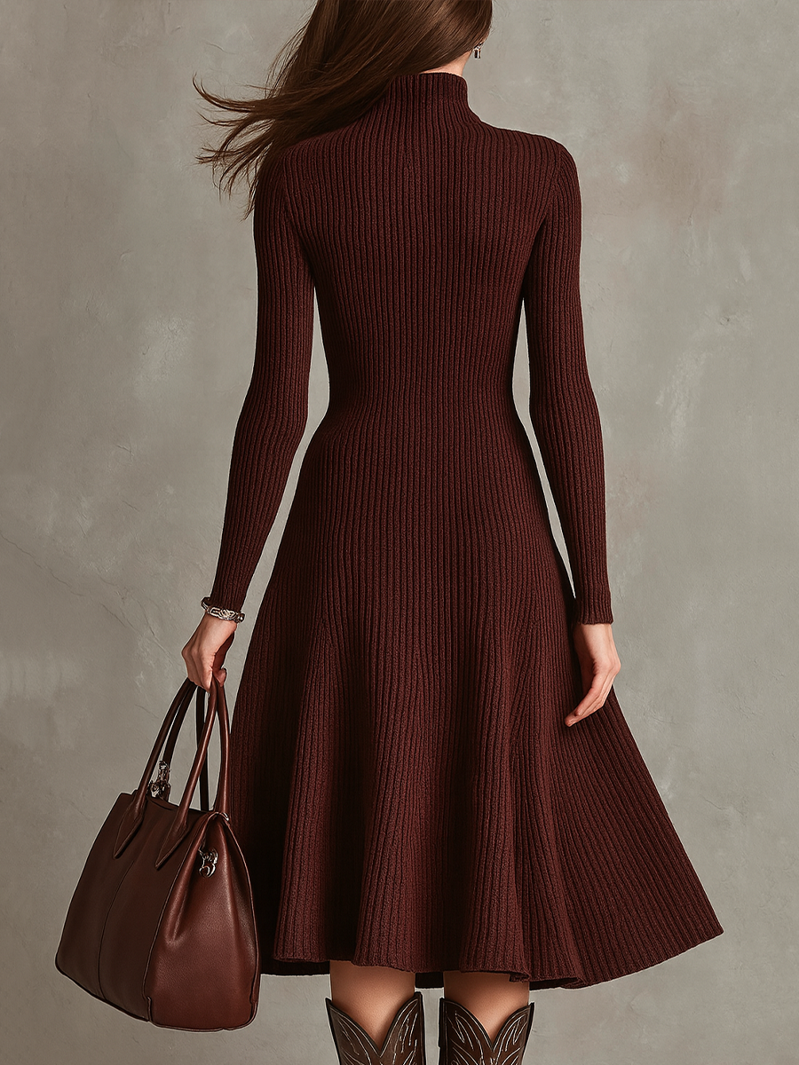 Vintage Zipper Neck Ribbed Knit Midi Dress