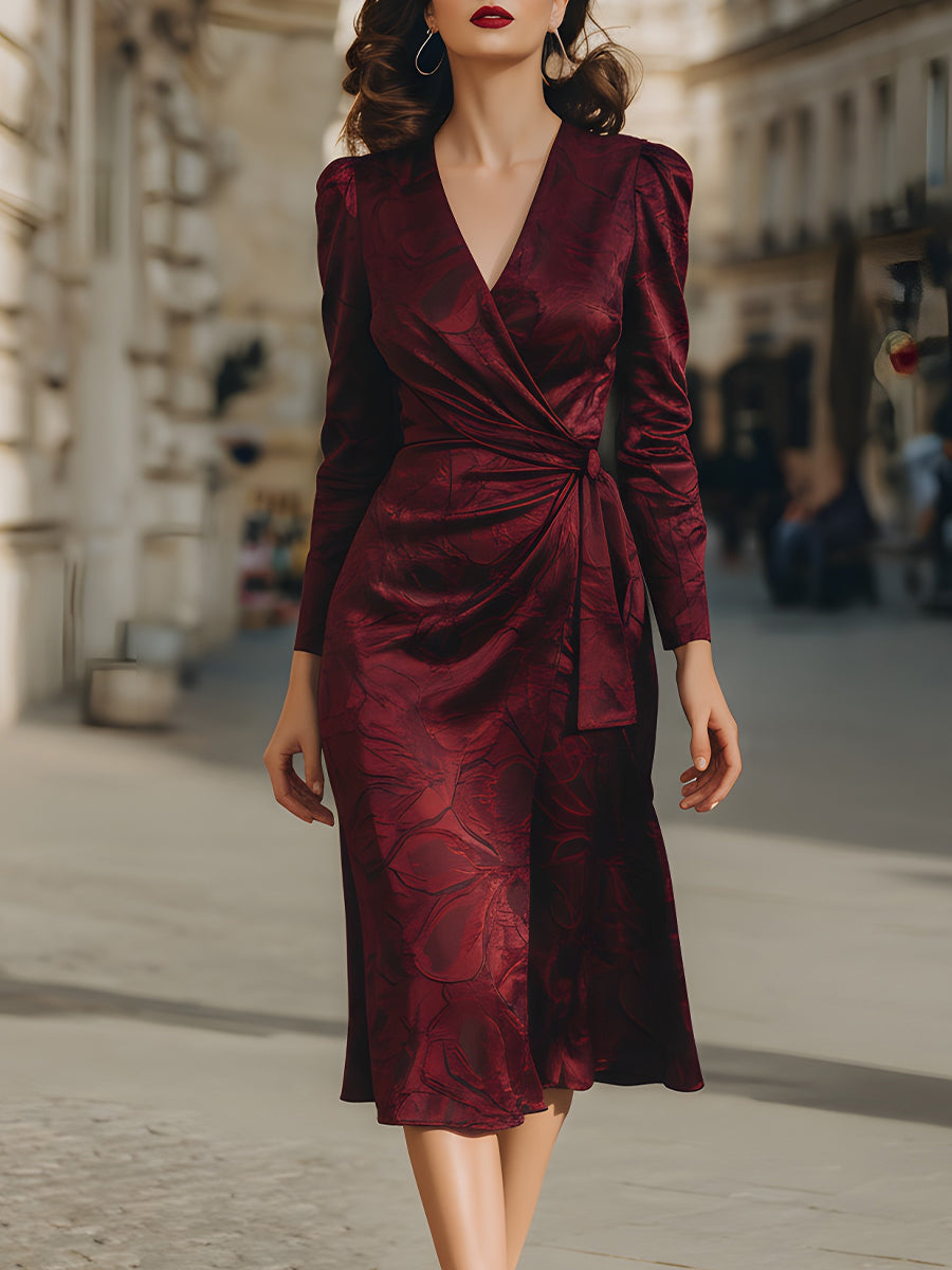 Burgundy Jacquard Wrap Midi Dress