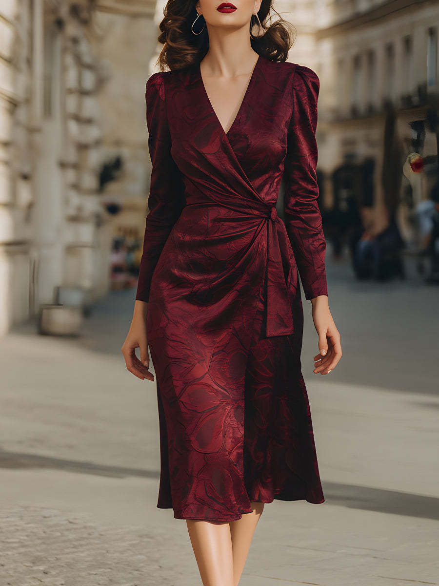 Burgundy Jacquard Wrap Midi Dress