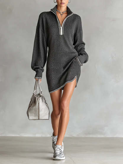 Fashion Loose Knit White Trim Zipper Polo Neck Mini Dress