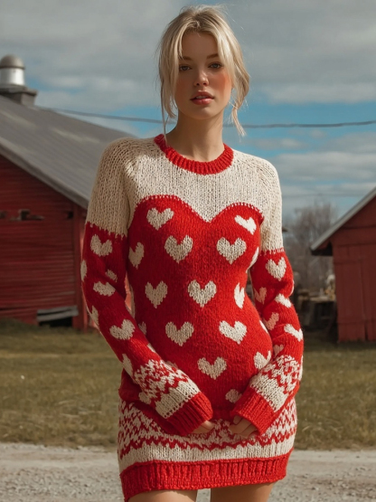 Vintage Valentine's Day Hearts Pattern Cozy Knit Sweater Dress