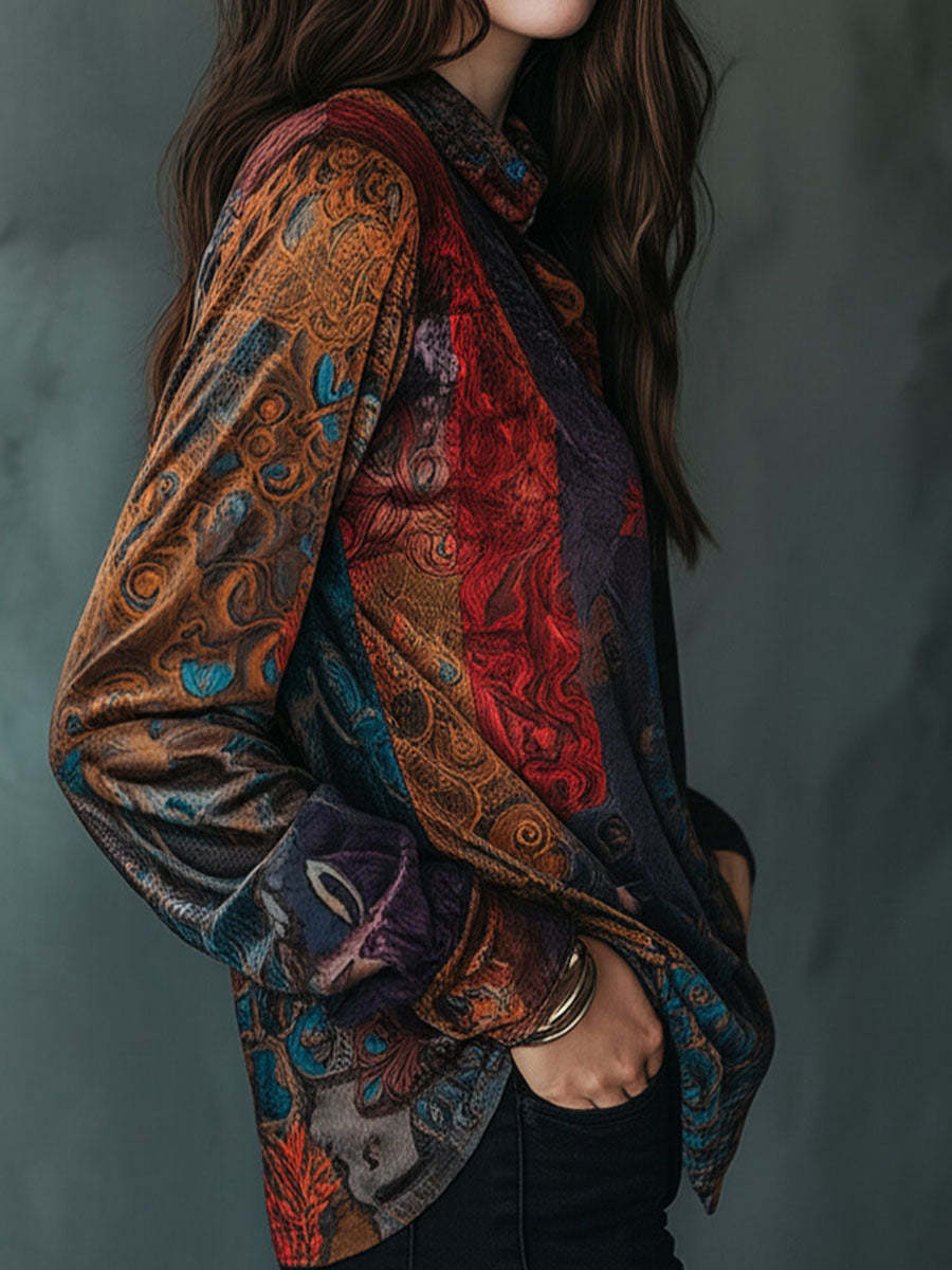 Boho Floral Print Velvet Long Sleeve Button Down Shirt