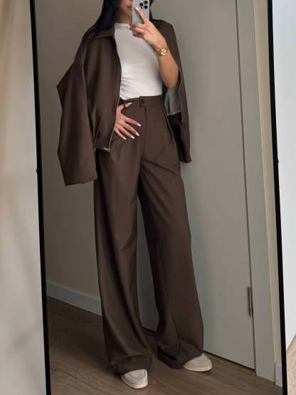 Zippered Jacket And Wide-leg Pants Two-piece Suit
