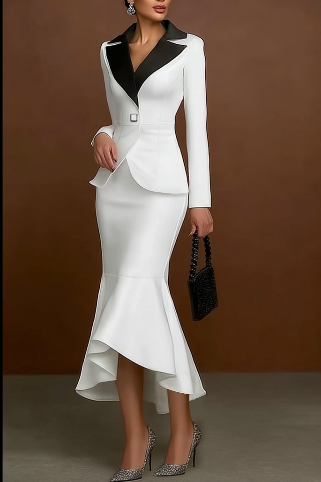 Suit Sets Black White Lapel Colorblock Mermaid Skirt Set