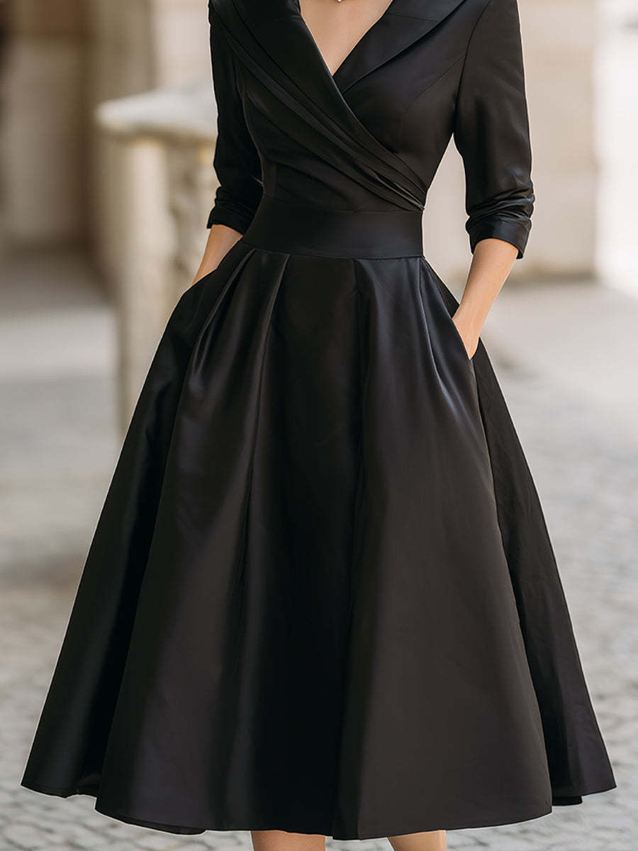 Vintage-Inspired Satin Midi Dress With Draped Collar