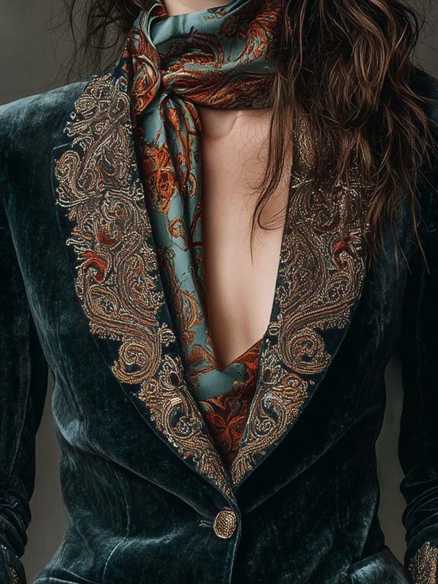 Velvet Blazer With Intricate Embroidered Lapels