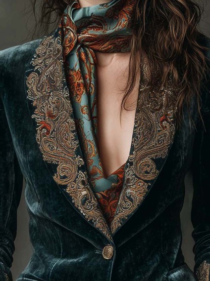 Velvet Blazer With Intricate Embroidered Lapels