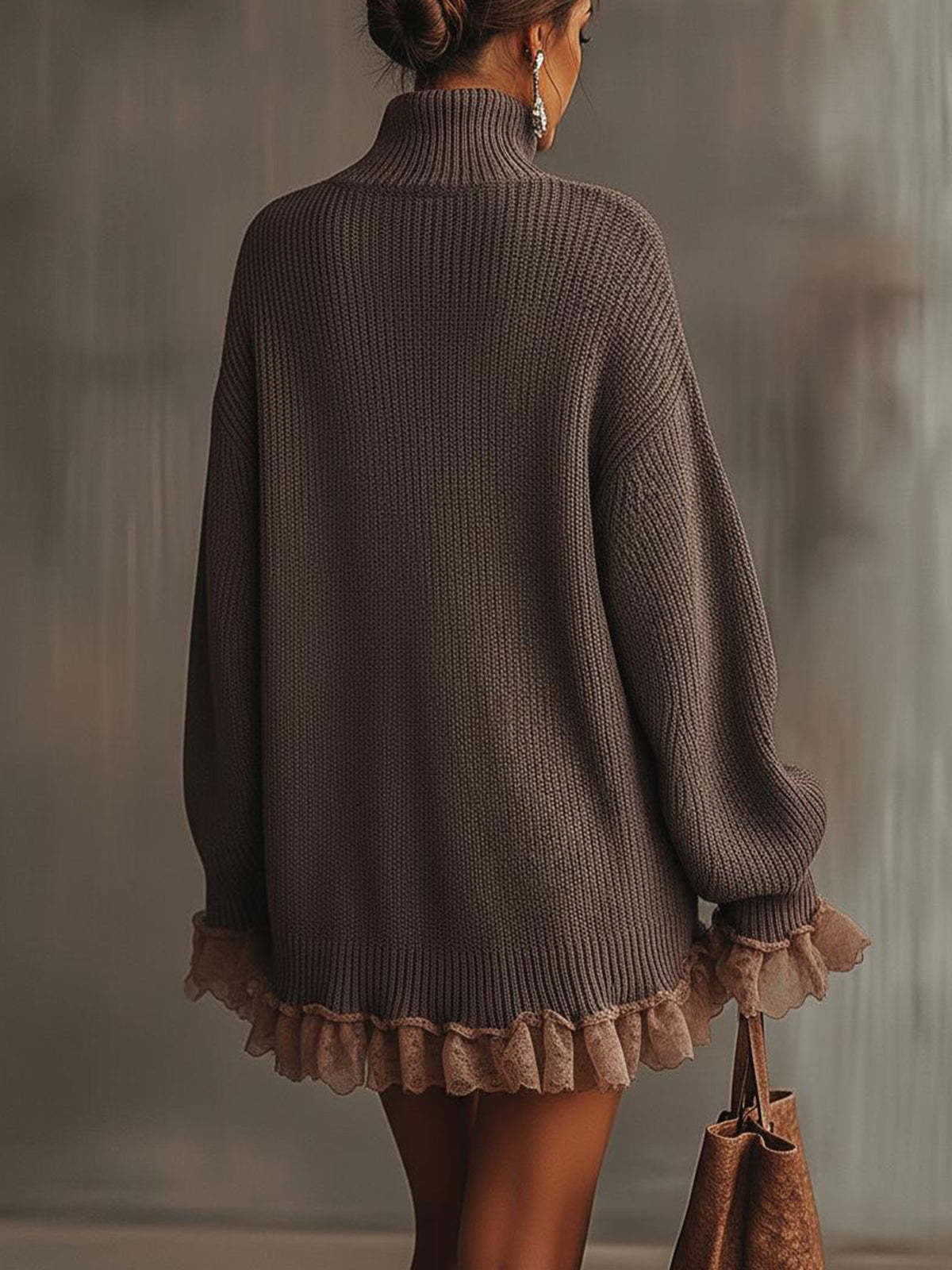 Brown Ruffled Hem Turtleneck Sweater Dress