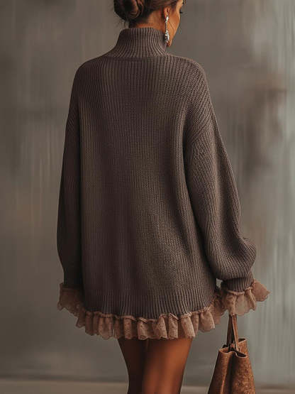 Brown Ruffled Hem Turtleneck Sweater Dress