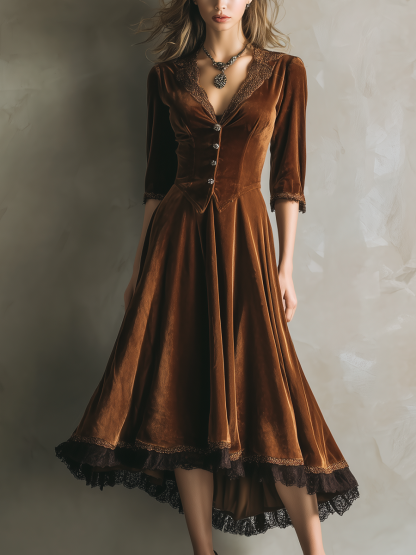 Vintage Three-Quarter Sleeves Lace High-Low Hem Velvet Two Pieces Set