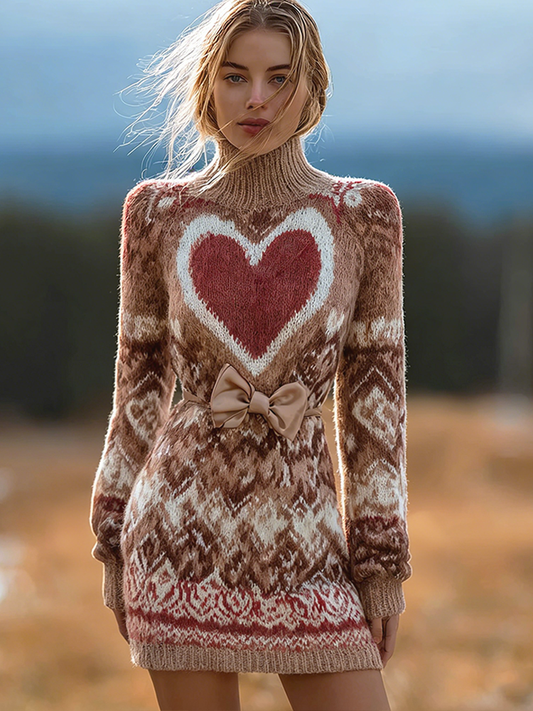 Valentine's Day Love Heart Pattern Women's High Neck Sweater Dress
