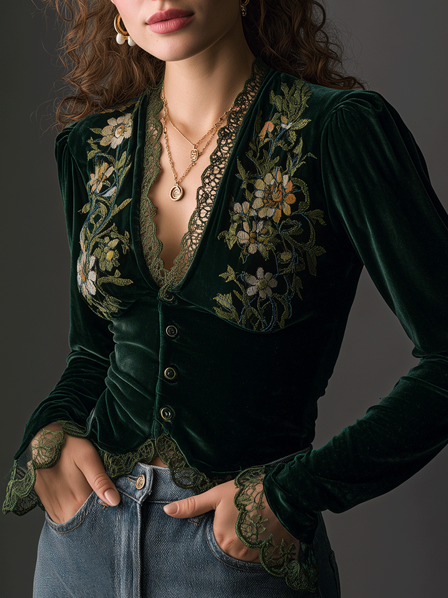 Floral Embroidered Velvet Shirt