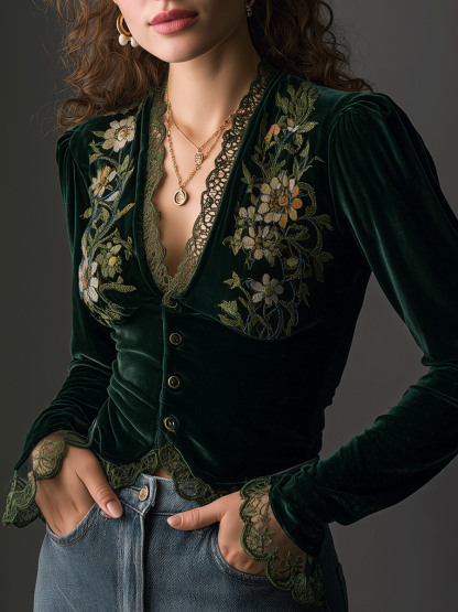 Floral Embroidered Velvet Shirt