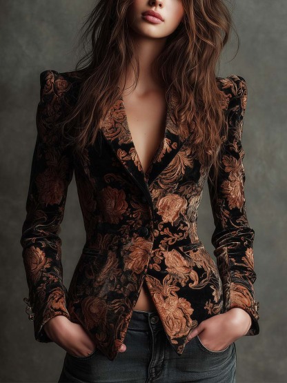 Velvet Floral Print Blazer In Black And Bronze