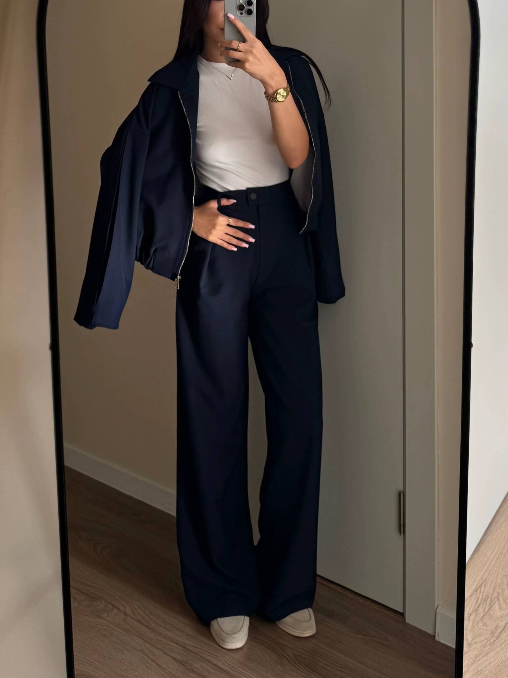 Zippered Jacket And Wide-leg Pants Two-piece Suit