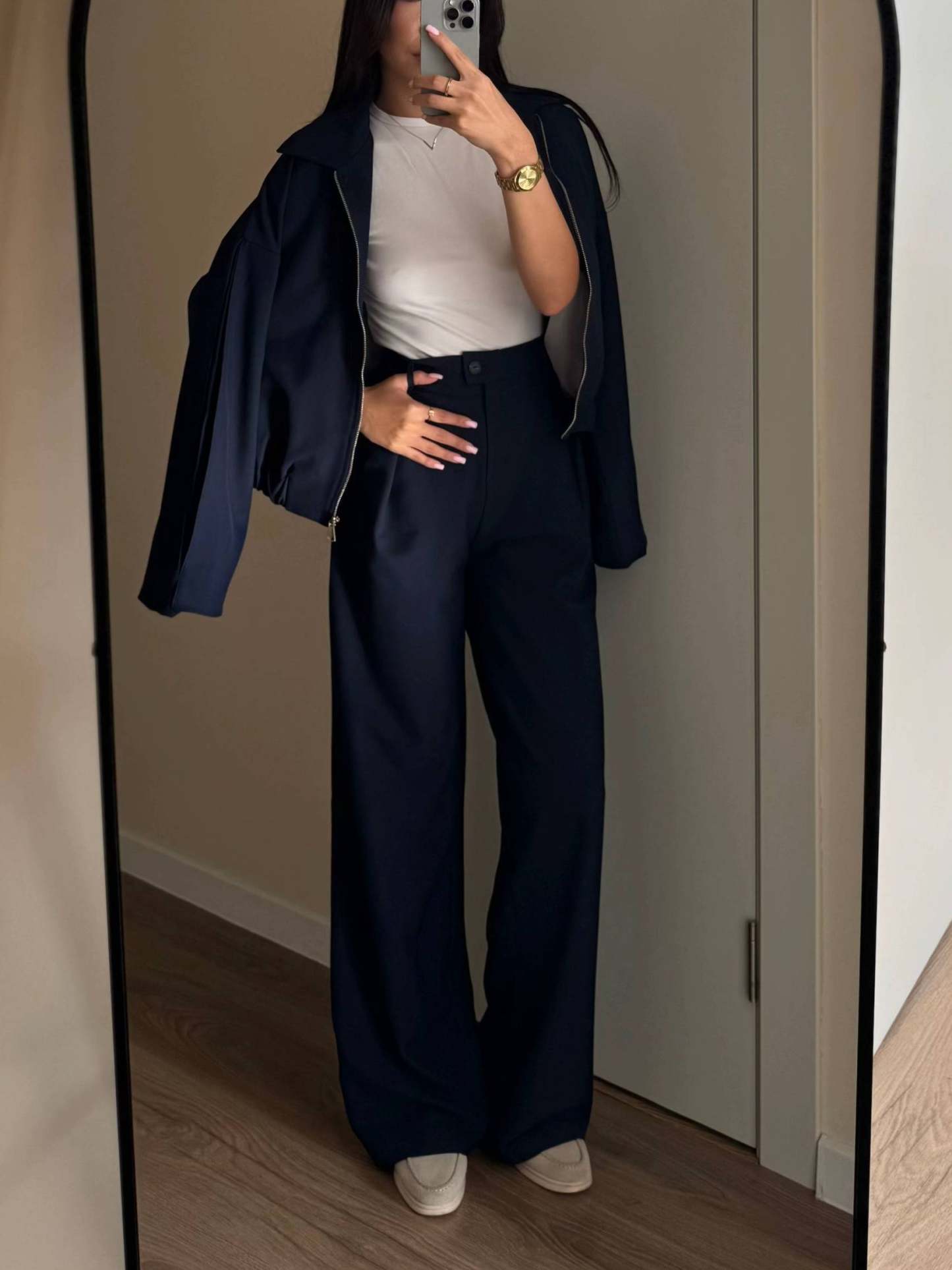 Zippered Jacket And Wide-leg Pants Two-piece Suit
