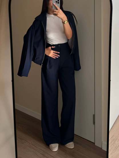 Zippered Jacket And Wide-leg Pants Two-piece Suit