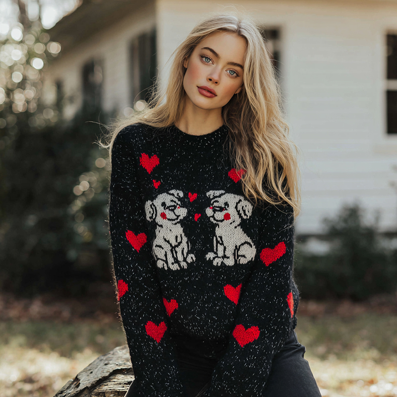 Women's Valentine's Day Heart With Puppy Pattern Knitted Cardigan