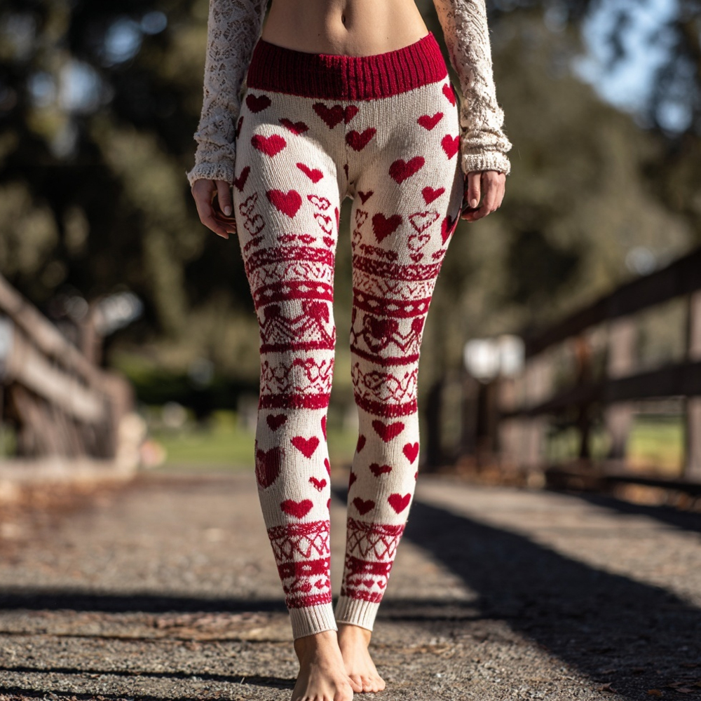 Vintage Valentine's Day Hearts Pattern Cozy Knit Leggings