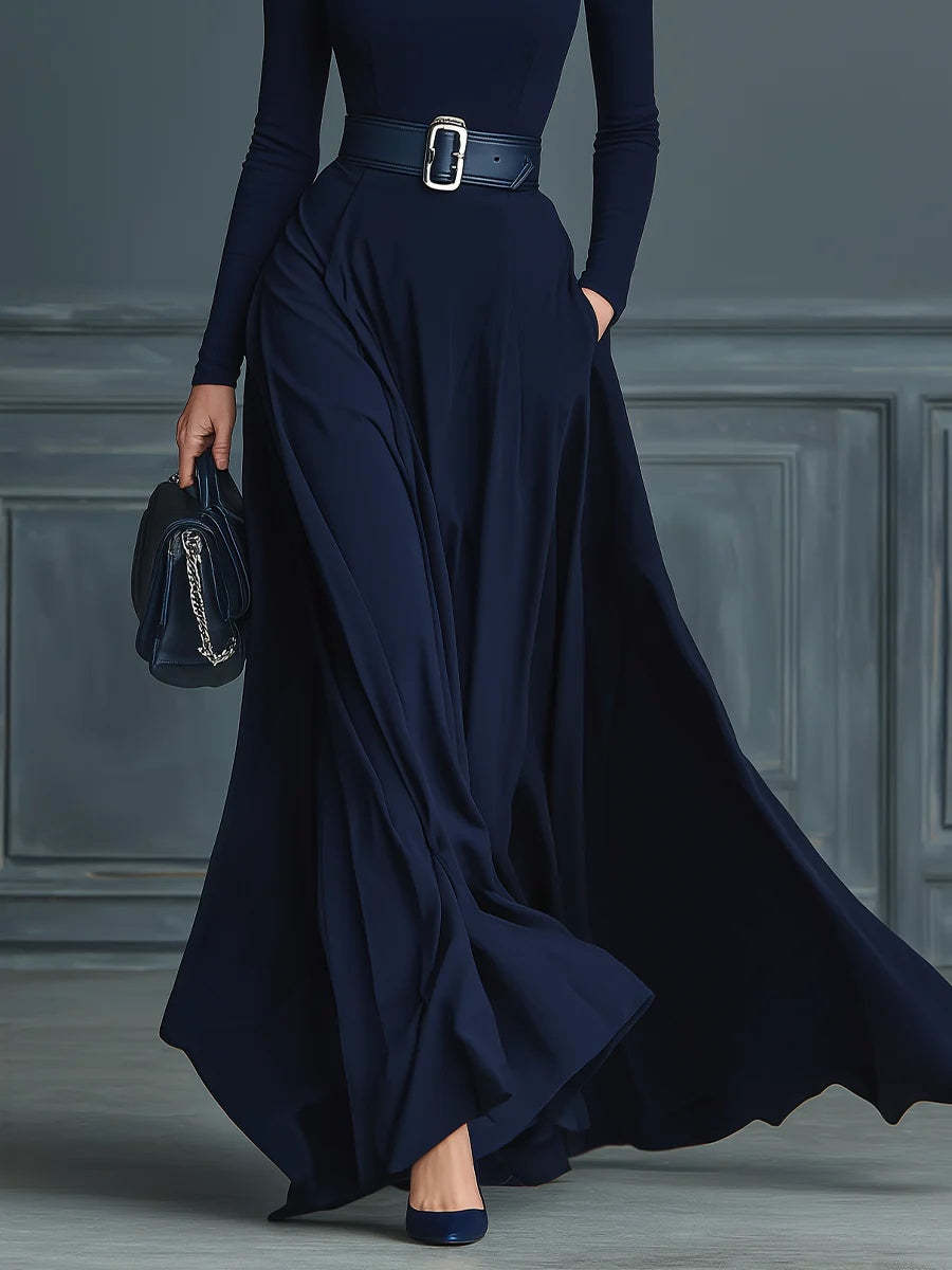 Dark Blue Knitted High-neck Dress