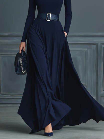 Dark Blue Knitted High-neck Dress