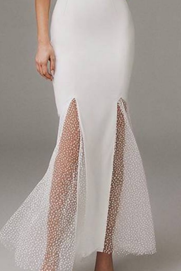 Formal Mermaid Dress White Crew Neck Mesh Mermaid Maxi Dress