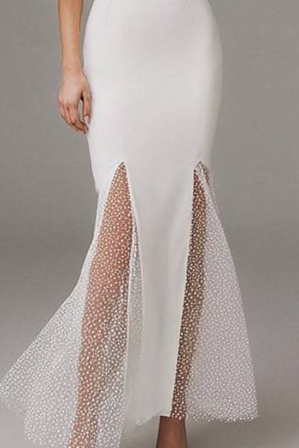 Formal Mermaid Dress White Crew Neck Mesh Mermaid Maxi Dress