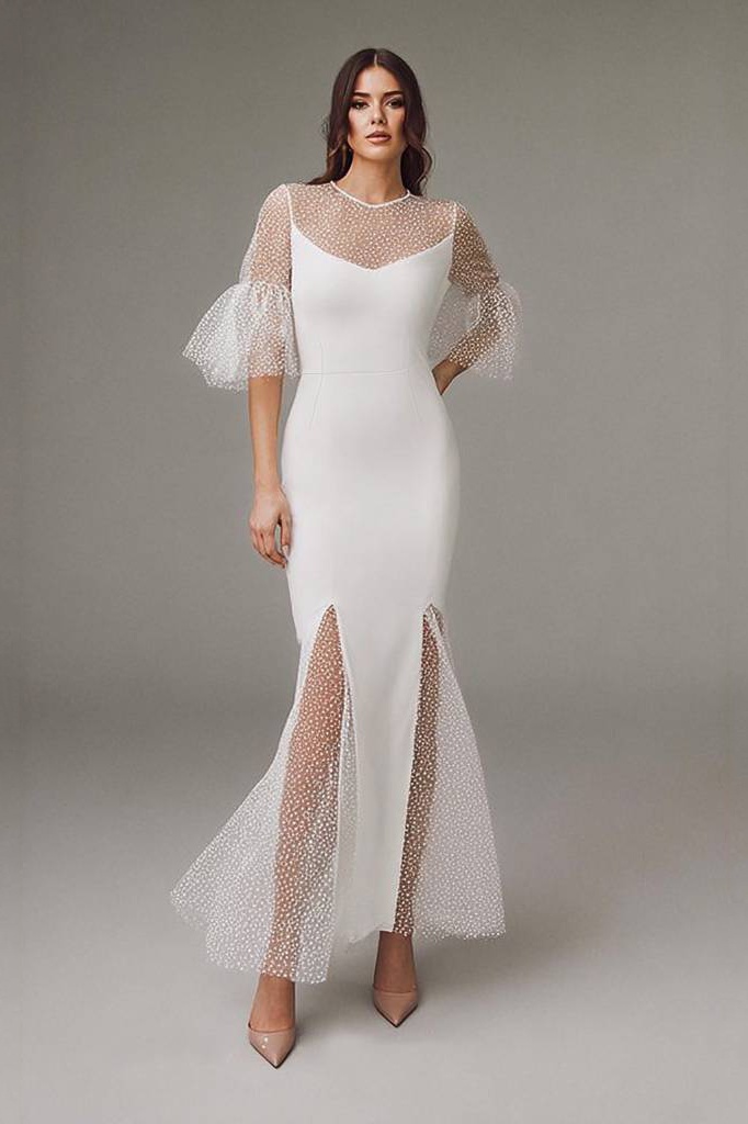 Formal Mermaid Dress White Crew Neck Mesh Mermaid Maxi Dress