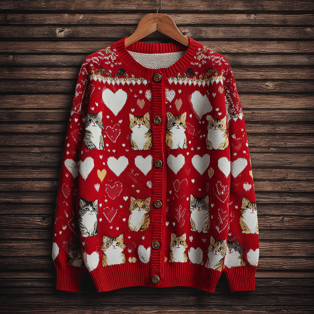 Valentine's Day Fun Cat Pattern Women's Round Neck Knit Sweater Coat