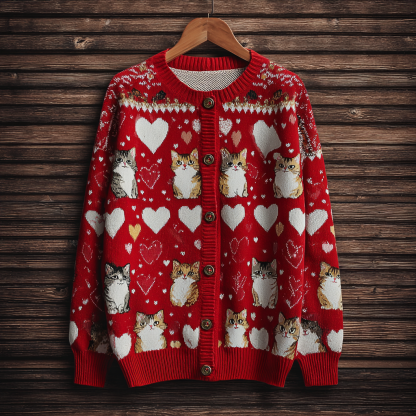 Valentine's Day Fun Cat Pattern Women's Round Neck Knit Sweater Coat