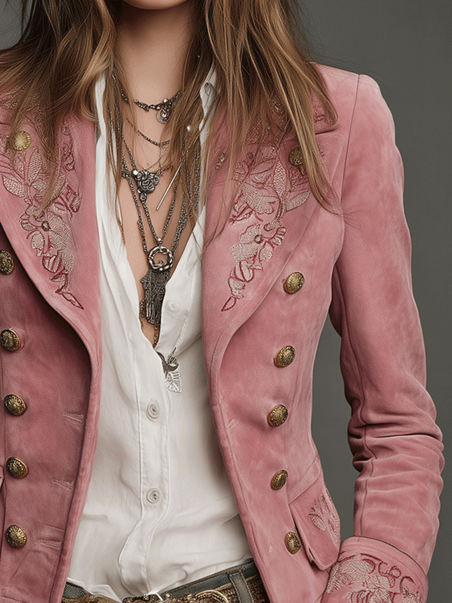 Vintage Double-Breasted Suede Embroidery Jacket