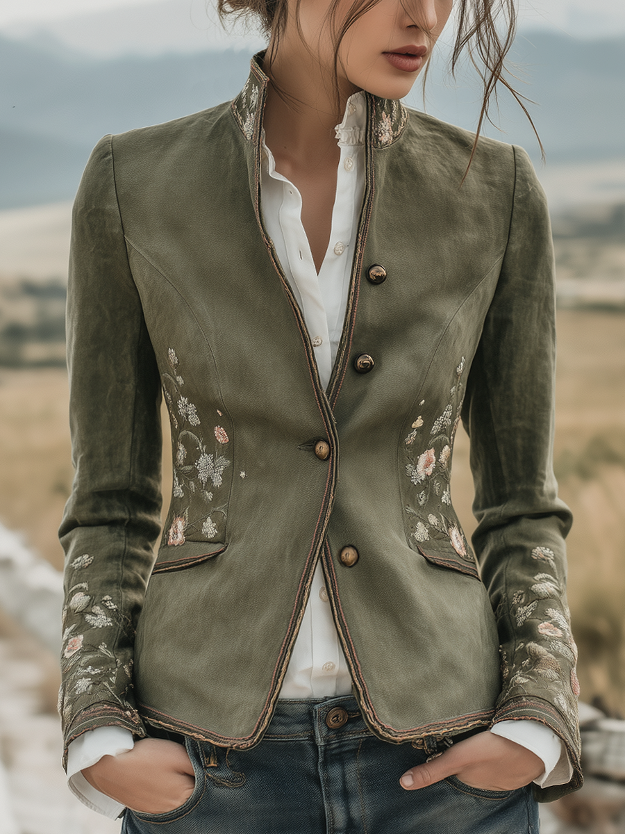 Retro Stand-up Collar Floral Embroidery Contrast Trim Jacket