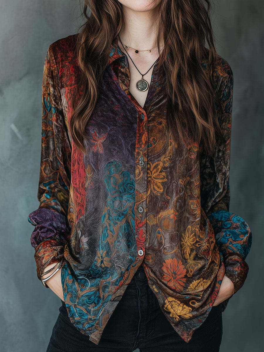 Boho Floral Print Velvet Long Sleeve Button Down Shirt