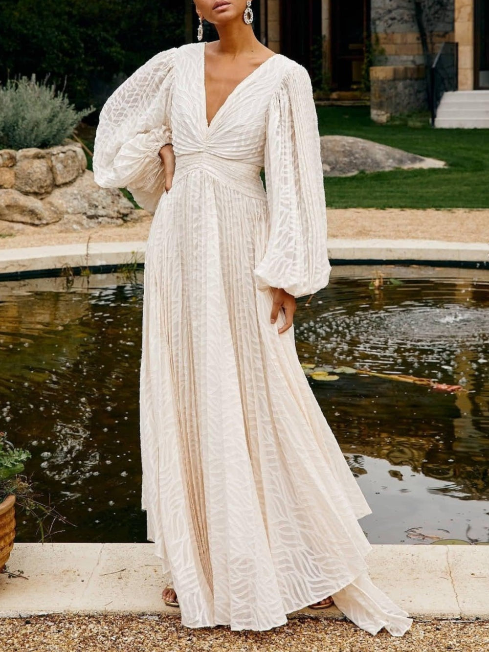 Lantern Long Sleeve V Neck Maxi Dress