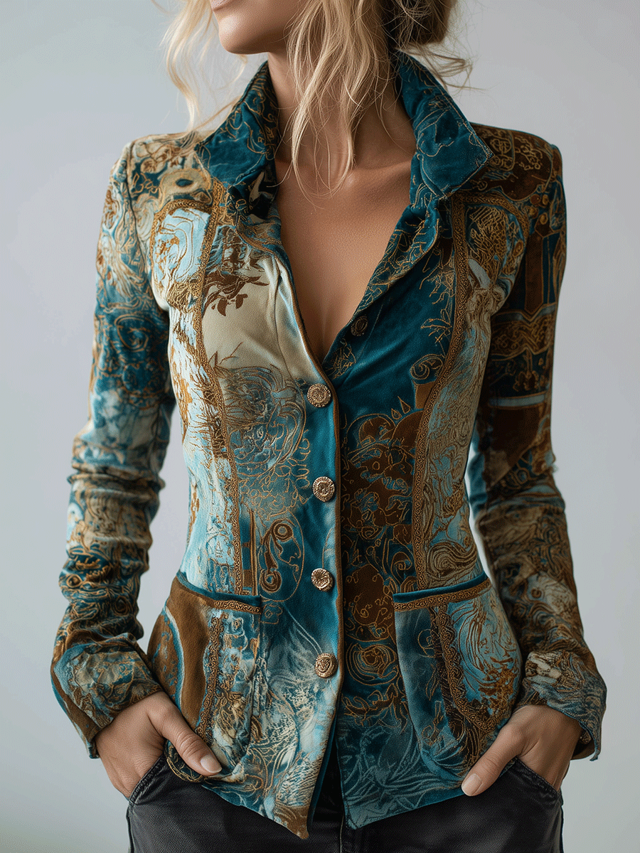 Vintage Baroque Velvet Teal And Gold Tapestry Print Jacket