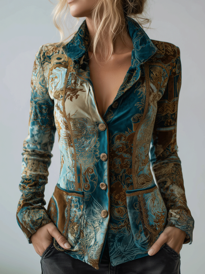 Vintage Baroque Velvet Teal And Gold Tapestry Print Jacket