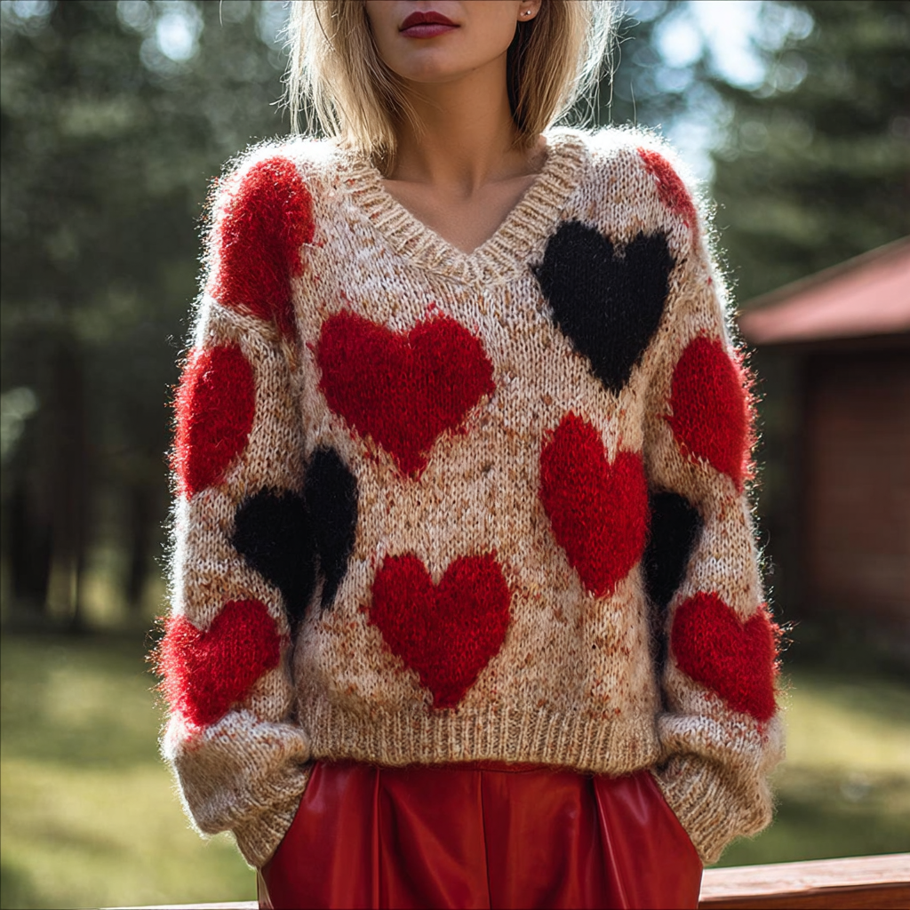 Valentine's Day Love Heart Pattern Women's V-neck Sweater