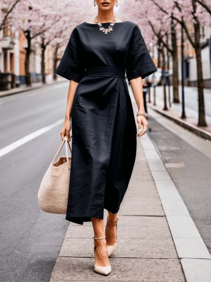 Linen Boat Neck Tie Loose Dress